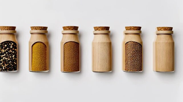 Stylish spice jars arranged in a row with cork lids