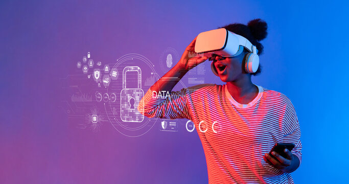 A young woman wearing a virtual reality headset interacts with digital security graphics, showcasing the exciting intersection of technology and user experience in a vibrant setting. XDMCP
