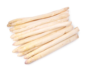 Many raw asparagus spears isolated on white, top view