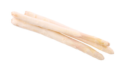 Three raw asparagus spears isolated on white, top view