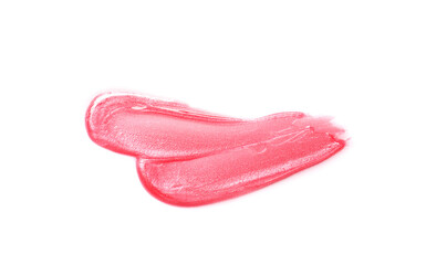 Bright red lip gloss on white background, top view