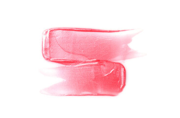 Bright red lip gloss isolated on white, top view