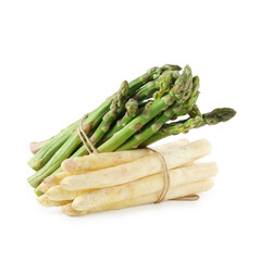 Many raw asparagus spears isolated on white