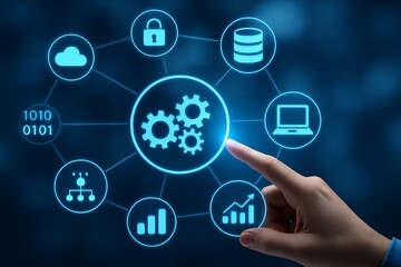 Digital interface with interconnected nodes and gears symbolizing system control and data management