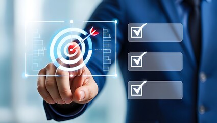 Interactive Business Target Dashboard, A man in a blue suit pointing to a target on a virtual dashboard