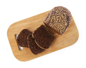 Cut fresh rye bread isolated on white, top view