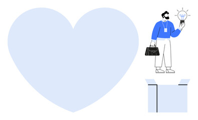 Businessman holding glowing lightbulb symbolizing ideas or innovation, standing by an open box and large heart. Ideal for creativity, problem-solving, teamwork, innovation, startup, passion