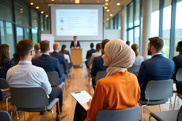 Diverse audience attending business presentation conference meeting