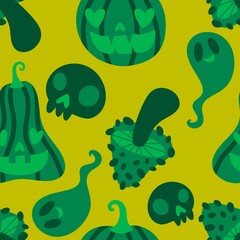 Autumn harvest vegetable seamless monster Halloween pumpkins pattern for wrapping paper and fabrics