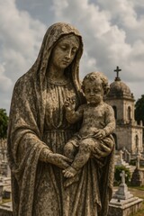 Obraz premium A Weathered Statue of the Virgin Mary and Child in a Historic Cemetery