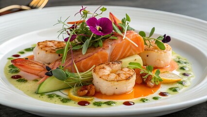 Elegant Salmon and Scallops Culinary Presentation - Exquisite Seafood Plate with Fresh Greens