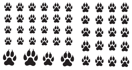 Fototapeta premium Grid Collection of Black Paw Print Silhouettes in Increasing Sizes Across Six Rows — Versatile Animal Icon Set for Pet Designs, Pattern Illustrations, and Veteset of vector silhouettes of dog paws,