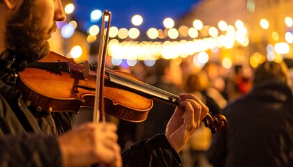 Man playing violin in a city square at night