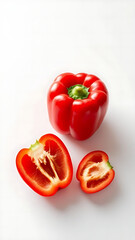 Sweet Red Bell Pepper Sliced Open. Whole and Sliced Bell Pepper. Juicy Highlight of the Kitchen