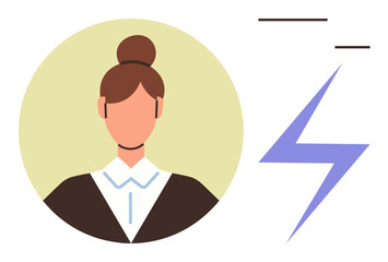 Portrait of a professional woman with a bun hairstyle and formal attire against a circular background, paired with a purple lightning bolt. Ideal for leadership, energy, empowerment, innovation