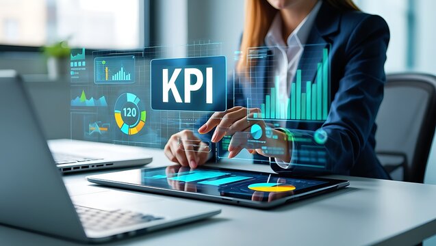Digital Transformation: Woman Analyzing KPI Data on Tablet with Holographic Display, Futuristic Business Analytics: Visualizing Performance Indicators with Advanced Technology - Powered by Adobe