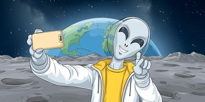 Animation of cartoon alien taking a selfie from the moon with the earth in the background 