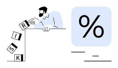 Man steadies falling blocks spelling RISK near a percent symbol, illustrating decision-making, finance, risk management, problem-solving, strategy, responsibility. Ideal for investors, business