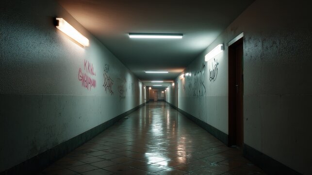 Brutalist apartment corridor with fluorescent lighting and graffiti art