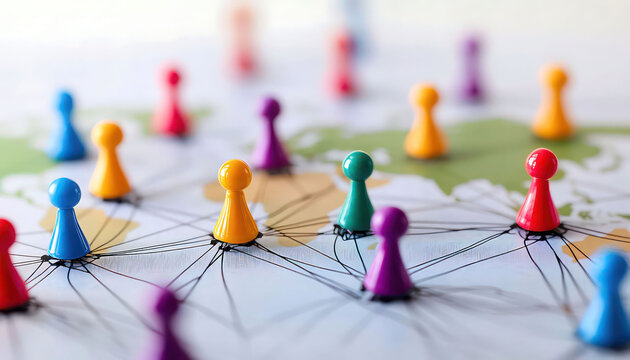 Colorful game pieces connected by lines on a world map, symbolizing global networks and connections
