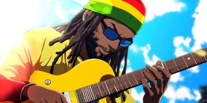 Anime reggae artist playing rastafarian guitar