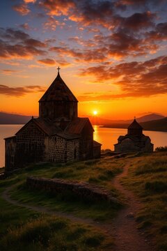The Sevanavank Monastery Overlooking Lake Sevan in Armenia at Sunset