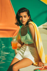 Woman in Swimsuit Under Umbrella with Cocktail