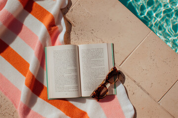 Poolside Towel with Sandals and Book
