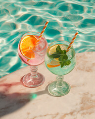 Tropical Cocktails On Edge Of Swimming Pool