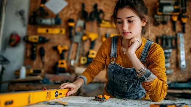 With a thoughtful expression a woman in overalls leans back to assess the bubble in her spirit level ensuring it is perfectly level before marking guidelines on the wall. Around her