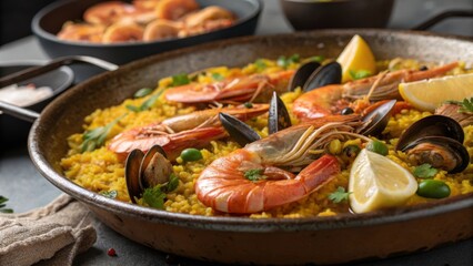 Seafood Paella Delights A Mediterranean Feast with Shrimps, Mussels, and Saffron Rice