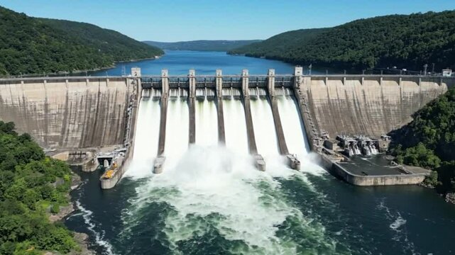 Aerial dam water hydro energy hydroelectricity power generation reservoir landscape view drone shot high definition video.