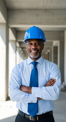 Confident African American engineer in a construction site, arms crossed, wearing a blue hard hat and business attire.