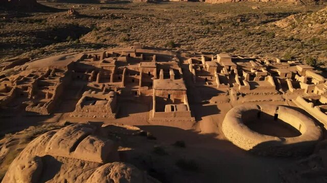 Aerial perspective of ancient cliff dwellings and circular kiva structure nestled within a vast desert canyon landscape at sunset