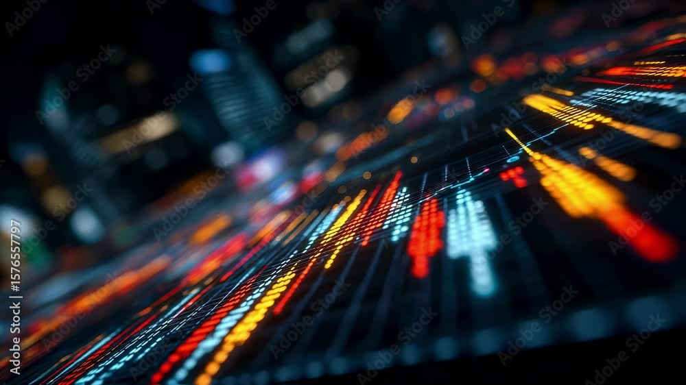 Poster abstract representation of financial data trends featuring an array of bright colors and animated li