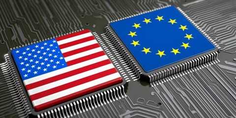 Two computer processing units (CPUs) on a motherboard. One is an American flag, and the other is a European flag with data uploading and downloading across the full bandwidth for international data 