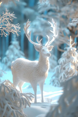 White deer in snowy forest with blue sky. Winter wonderland scene with fantasy animal. Christmas holiday background.