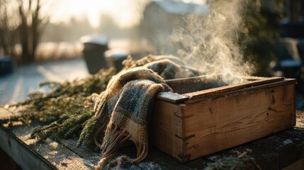 Obraz premium Beekeeping smoker on a wooden crate with festive scarf and snow-dusted pine needles in winter sunlight