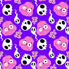 Obraz premium Autumn harvest vegetable seamless monster Halloween pumpkins pattern for wrapping paper and fabrics