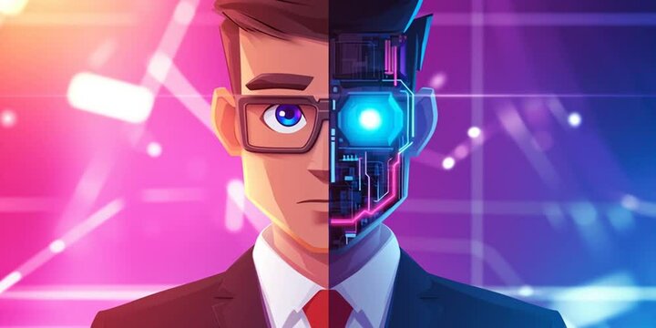 Animated business executive with half his face as AI robot