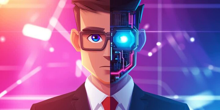 Animated business executive with half his face as AI robot