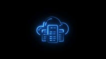 Neon animated cloud database icon showing data upload and storage in the cloud. Digitally CLOUD icon digital code technology black background. 4k animation  - Powered by Adobe