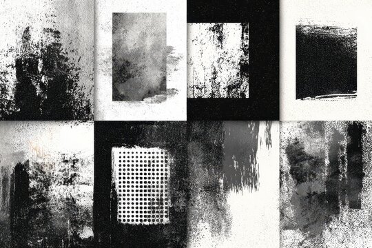 Grayscale grunge textures with graphic elements featuring distressed patterns and geometric shapes