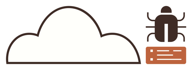 Cloud outline connected to a server block with a bug icon on top, symbolizing system vulnerabilities or cybersecurity threats. Ideal for technology, cybersecurity, cloud infrastructure, data