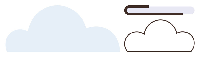 Light blue cloud alongside outlined cloud near a book silhouette. Ideal for education, innovation, technology, data storage, creativity, cloud computing, simplicity. A simple flat metaphor