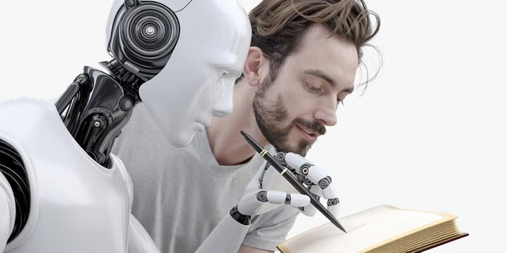 AI robot is writing a book while a man talks in his ear to tell him what to do