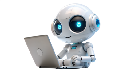 Cute Robot Working on Laptop on Transparent Background