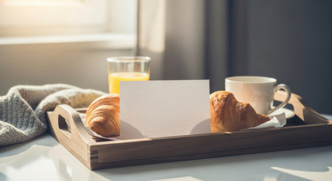 A breakfast tray with croissants, orange juice, coffee, and a blank card in a bright morning setting
