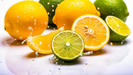 Vibrant citrus fruits, including fresh lemons and limes, with dynamic water splashes and droplets, perfect for illustrating healthy drinks, natural flavors, and refreshing recipes