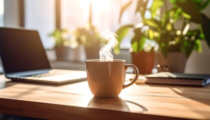 Warm coffee, laptop, sunlit desk